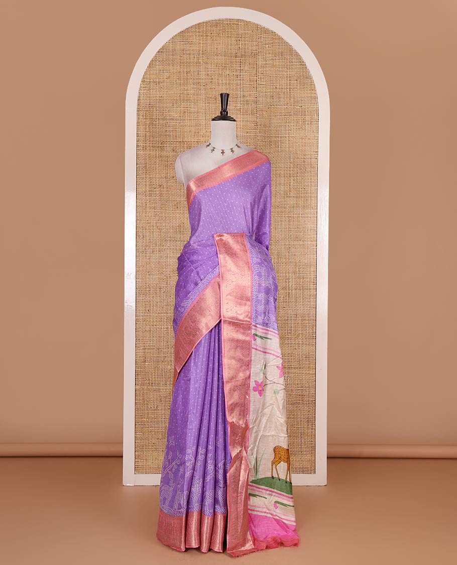 Lavender bandhani dotted trees, and deer motifs printed dola silk saree, contrast zari border, pallu of tree, and deer print, and contrast zari design blouse