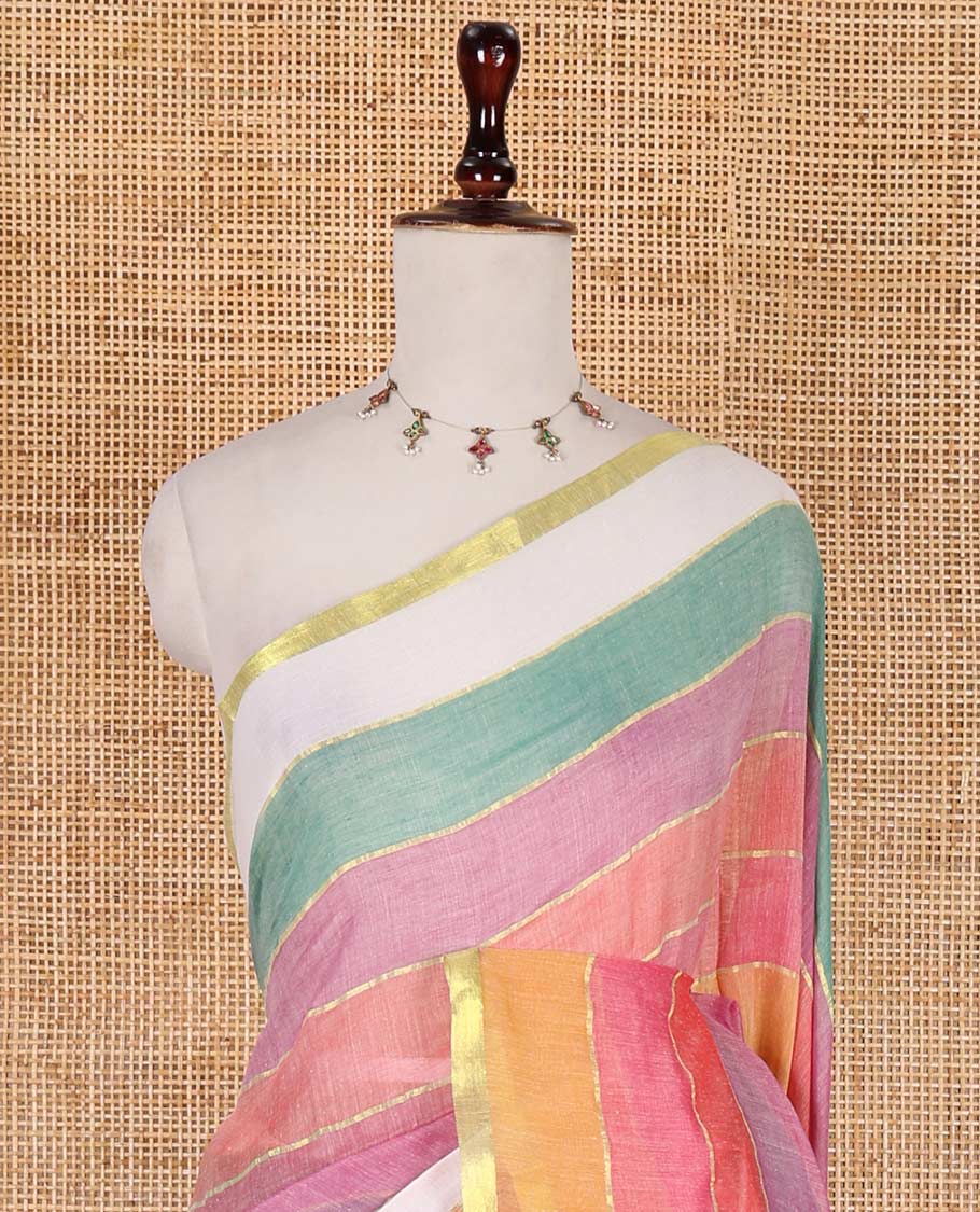 Borderless multi-color rainbow striped khadi mul cotton saree, self-pallu with multi-color tassels and a matching blouse
