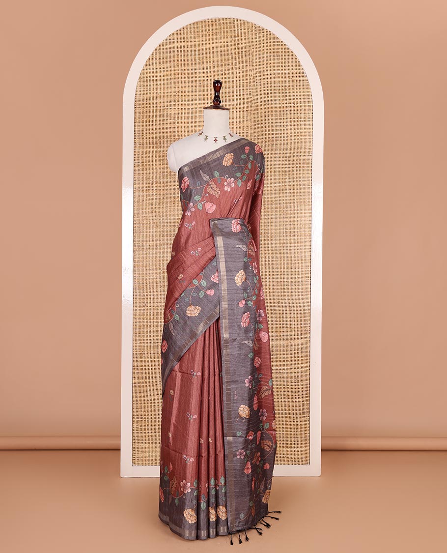 Brown floral motifs printed katan silk saree, contrast scallop floral printed with piping zari border, and contrast buttas blouse