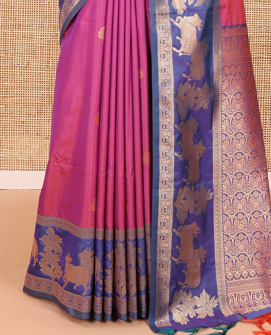 Magenta zari buttas elite soft silk saree, contrast traditional zari border of Pichwai cow design, scallop pallu, and a contrast zari design blouse