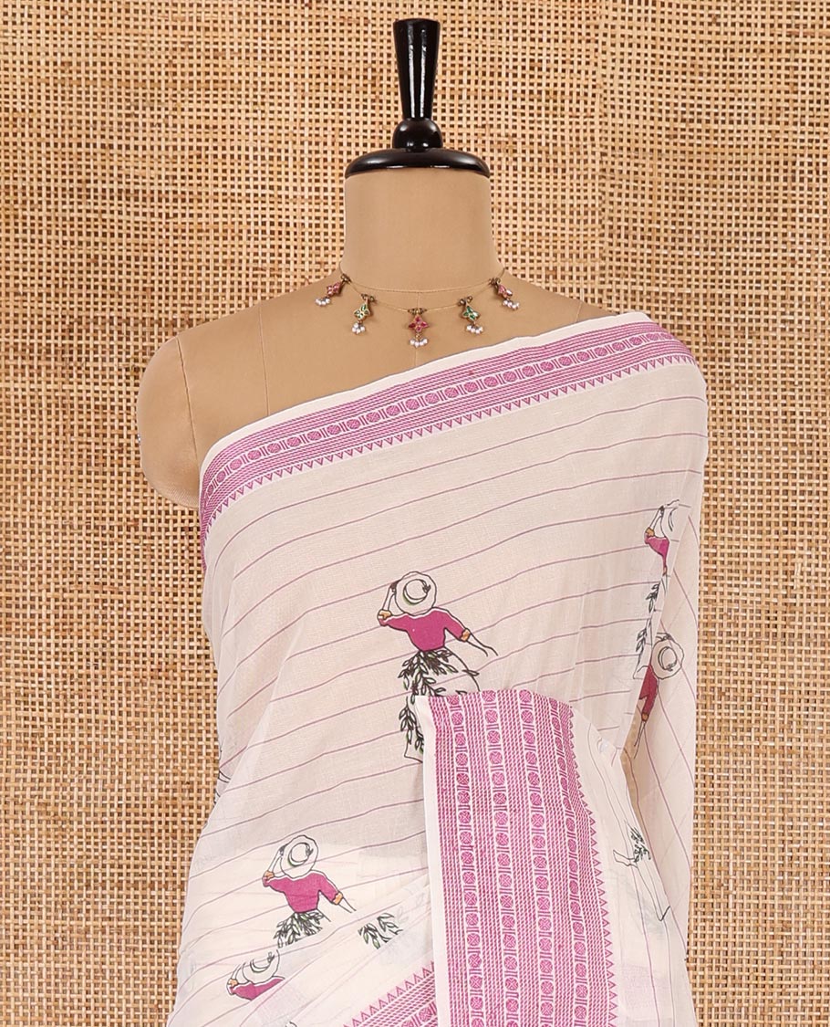 Cream-violet horizontal striped and girl motifs printed Mangalagiri cotton saree, traditional motifs woven border, printed pallu, and a contrast blouse