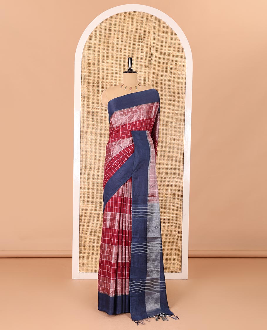 Purple silver zari checked Bhagalpur cotton saree, contrast plain border, striped pallu, and a contrast silver zari blouse