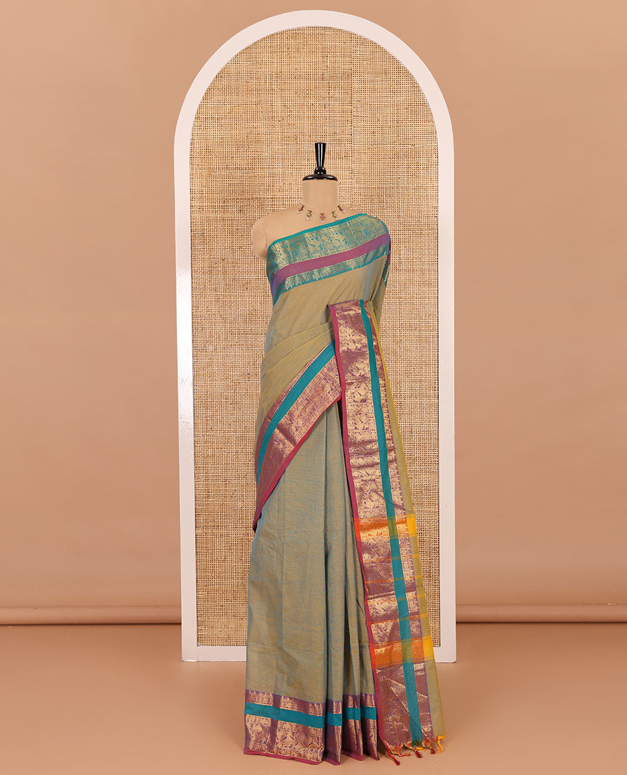 Sea green plain chettinad cotton saree , peacock, mango rudraksham zari border , lining pallu with tussels