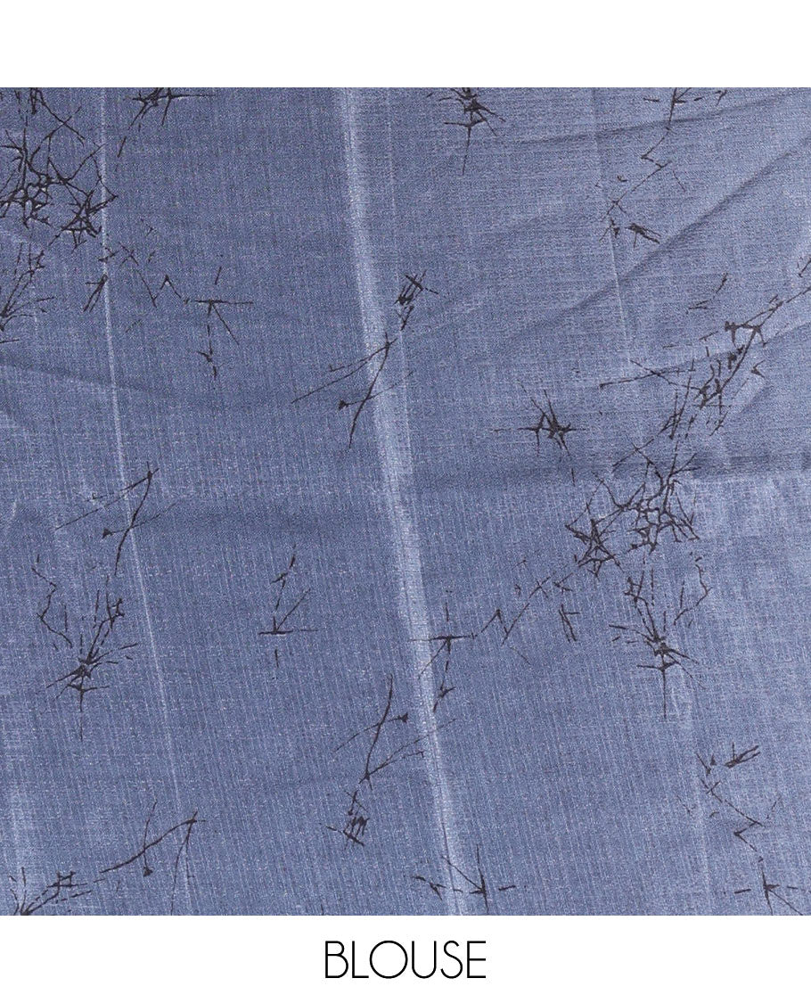 Borderless grey batik-style abstract printed art khadi cotton saree, batik-style abstract printed pallu and contrast batik printed blouse