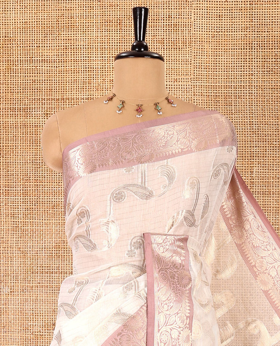 Cream stripes and paisley motifs Chanderi cotton saree, contrast floral and paisley zari border, ogee patterned pallu, and a contrast jacquard blouse