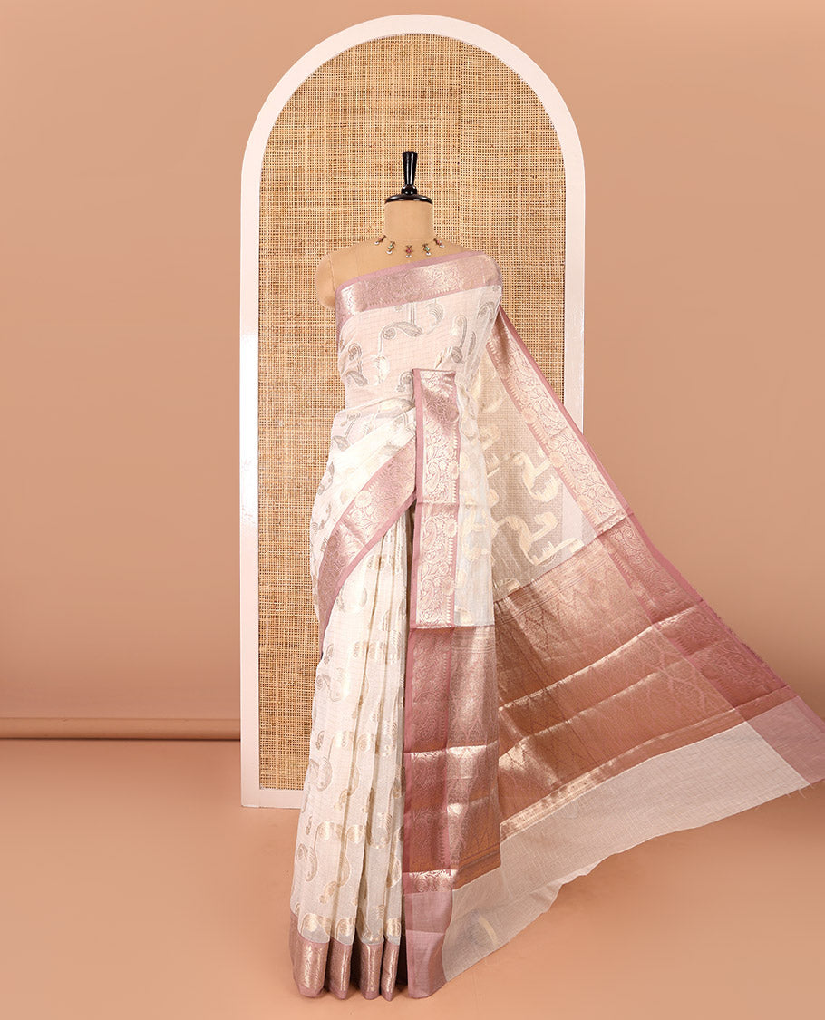 Cream stripes and paisley motifs Chanderi cotton saree, contrast floral and paisley zari border, ogee patterned pallu, and a contrast jacquard blouse