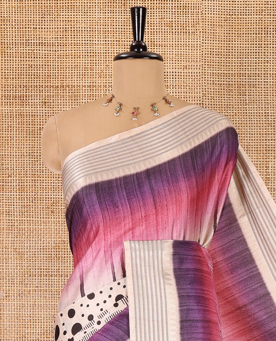 Pink geometric patterns and polka dots printed semi-tussar saree, contrast horizontal striped zari border, striped pallu, and a contrast blouse