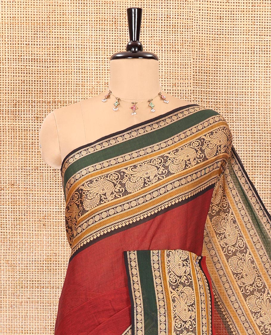 Maroon plain chettinad cotton saree with contrast peacock thread weaving border and lining chit pallu