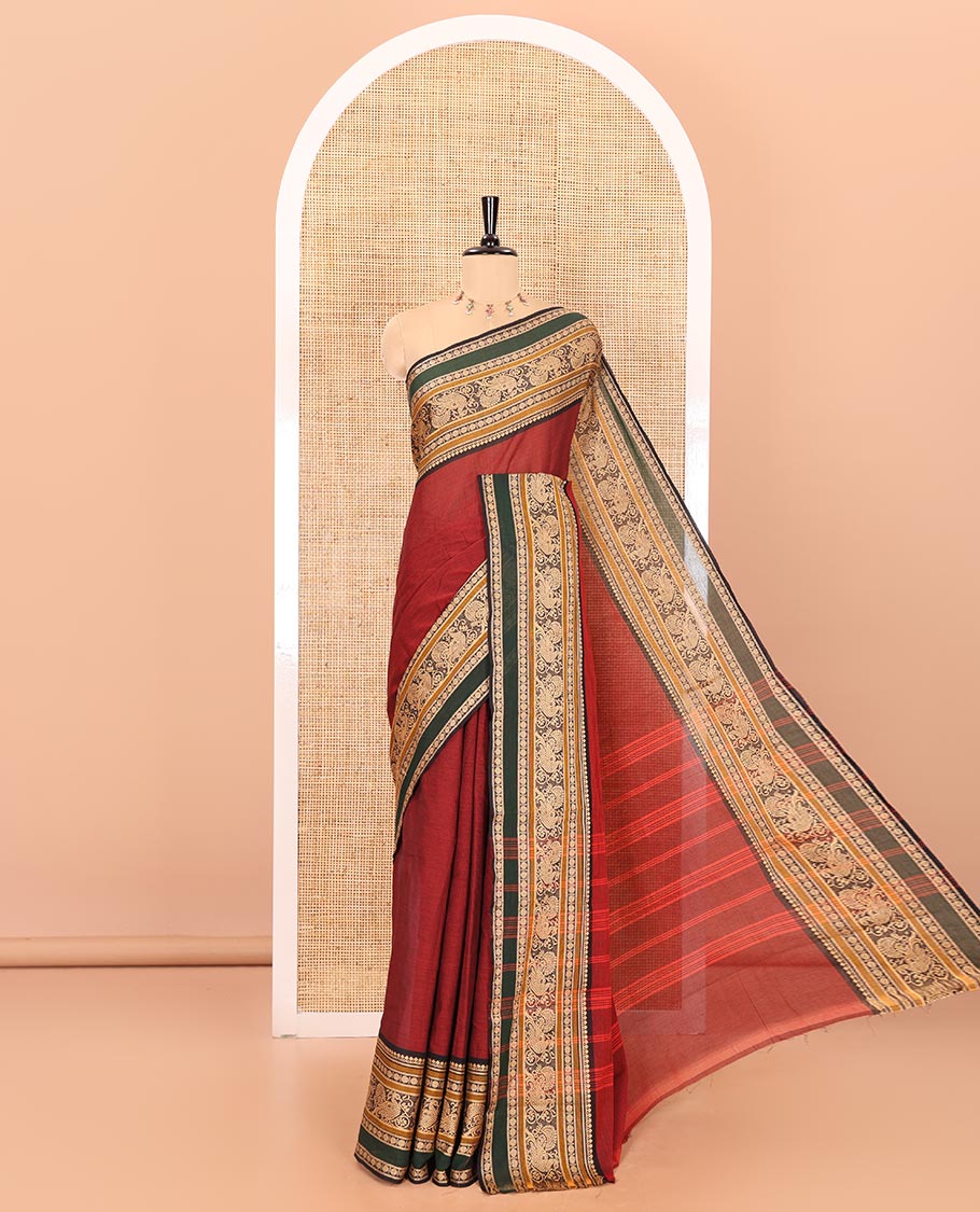 Maroon plain chettinad cotton saree with contrast peacock thread weaving border and lining chit pallu