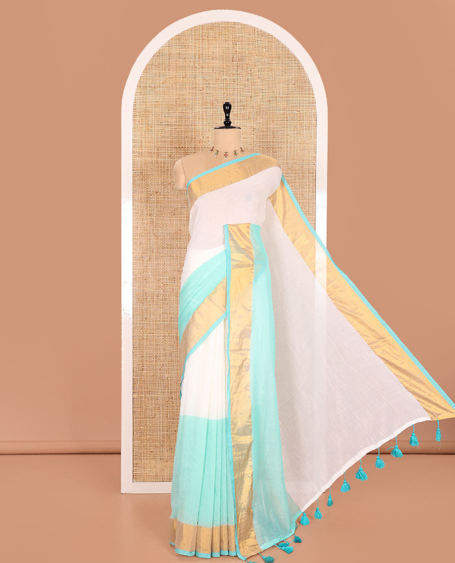 Cream and Sea Green Plain Khadi Mul Cotton Saree Features a Gleaming Zari Bavanji Border and a Contrast Sea Green Plain Blouse