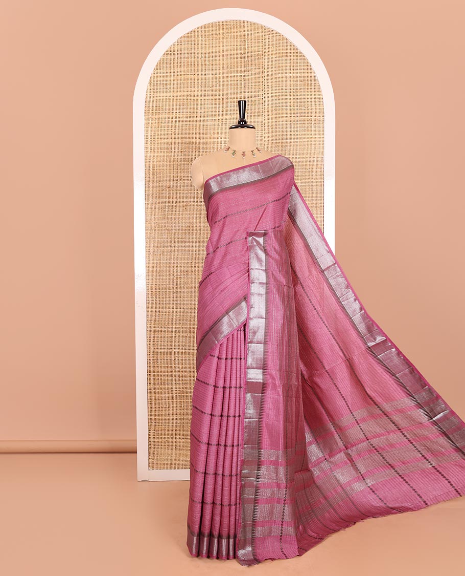 Lavender Semi-Tussar Saree Crafted with Zari Horizontal Stripes and Thread Floral Designs, Featuring a Subtly Woven Temple Zari Border, a Striped Pallu, and a Matching Blouse