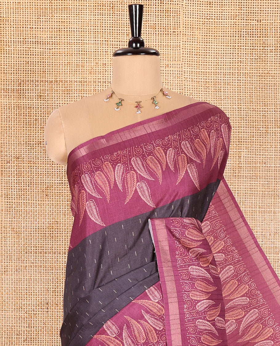 Black Katan Silk Saree Adorned with Dobby-Style Buttas All Over Its Body, Complemented by a Contrast Border of Leaf Pattern Prints, an Intricately Designed Pallu of Jaal Designs, and Paired with a Contrast Blouse