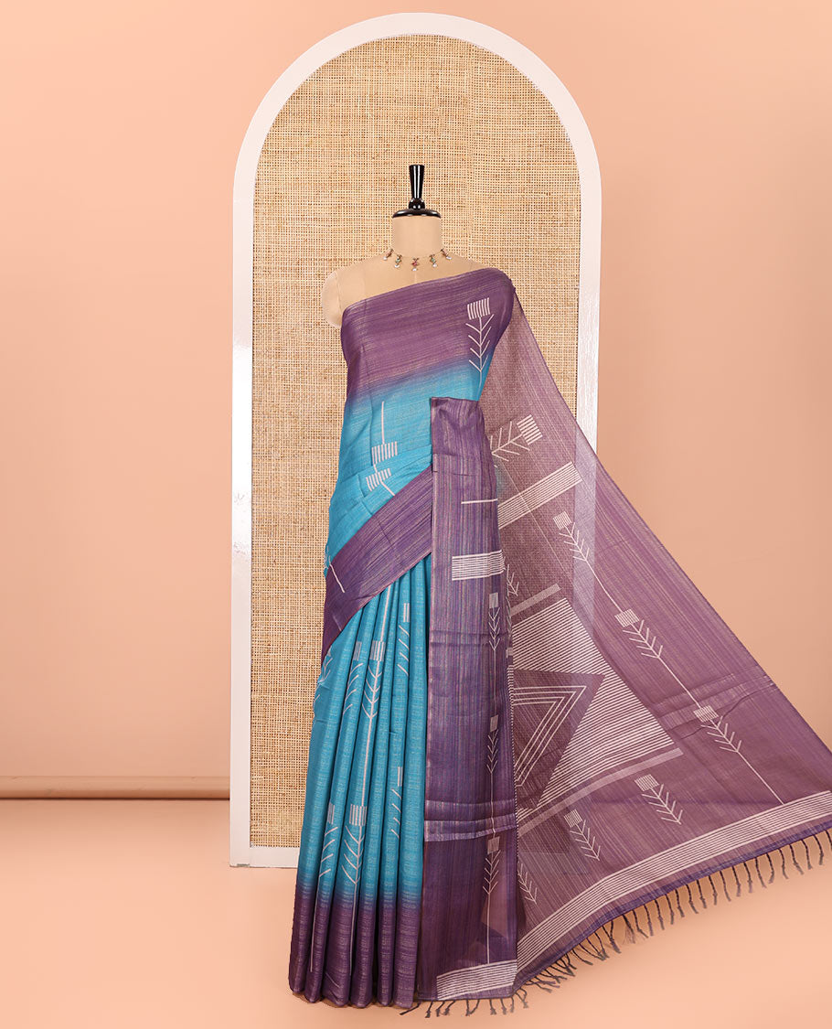 Blue Tissue Saree, Highlighted with Horizontal Stripes and Unique Motifs Printed All Over Its Body, Complemented by Contrast Printed Border, Pallu Depicts Geometric Patterns, and Paired with a Contrast Geometric Printed Blouse