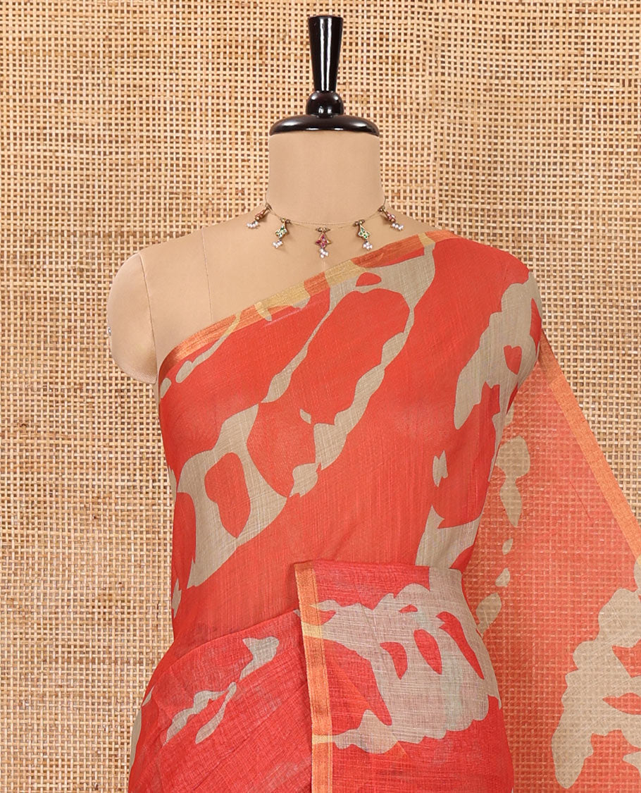 Orange Linen Saree, Adorned with Abstract-Style Print on Its Body, Subtle Piping Border, Captivating Pallu of Floral Vine Print, and Paired with a Contrast Floral Printed Blouse