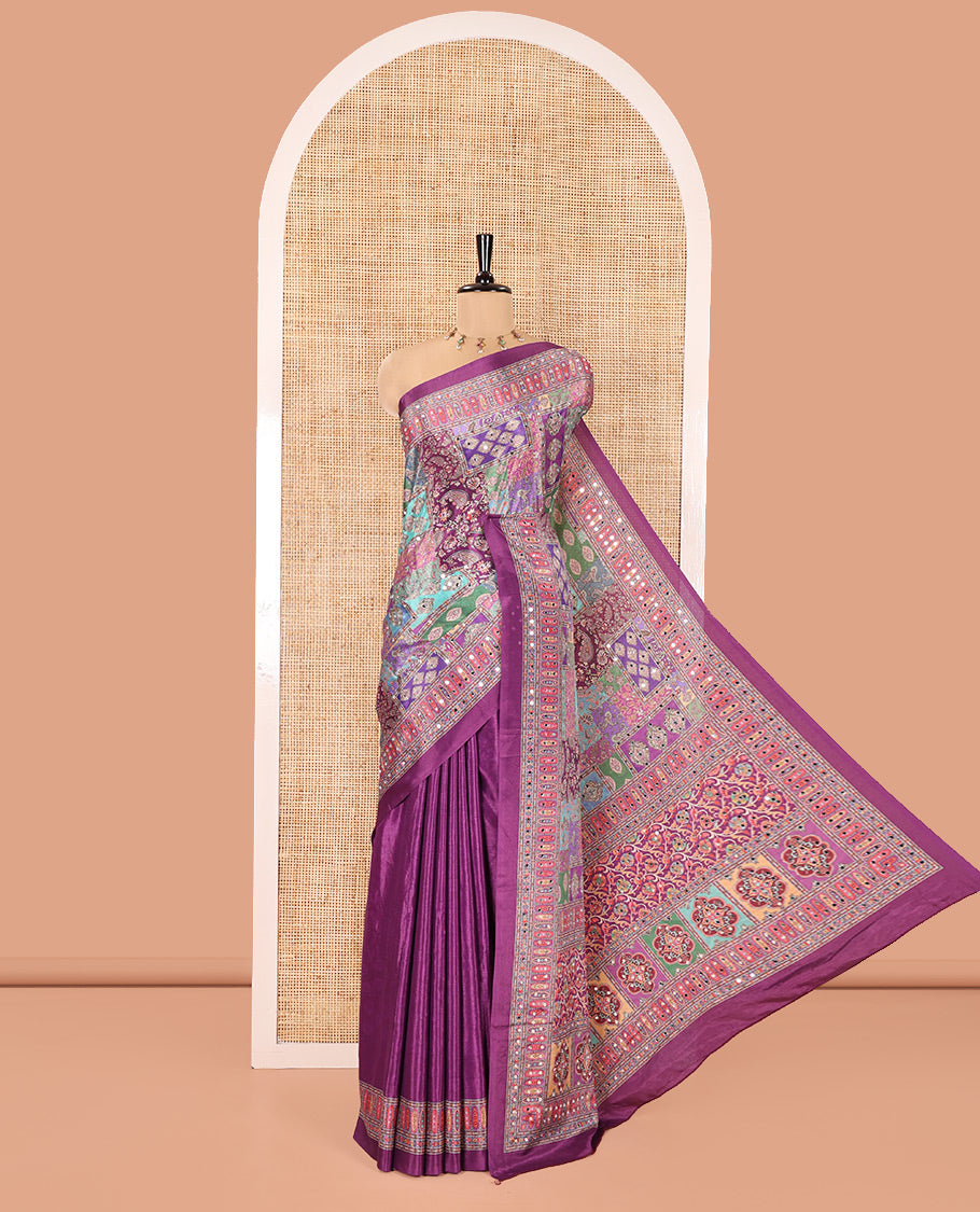 Purple Masakali Saree, Opulently Embellished with Kaleidoscopic-Colored Intricate Motifs Print, and Mirror Work All Over Its Body, Printed Border, Intricately Printed Pallu, and Paired with a Matching Blouse