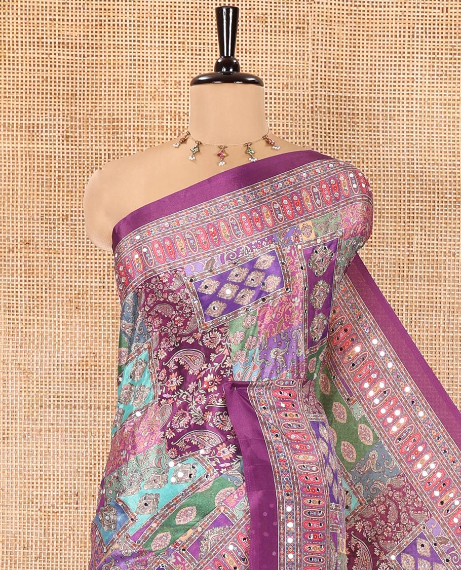 Purple Masakali Saree, Opulently Embellished with Kaleidoscopic-Colored Intricate Motifs Print, and Mirror Work All Over Its Body, Printed Border, Intricately Printed Pallu, and Paired with a Matching Blouse