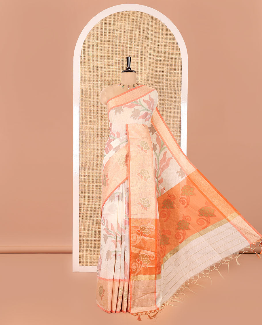 Cream Chanderi Cotton Saree, Elevated with Pochampally-Style Leaf Designs on Its Body, Complemented by a Contrast Border of Rose Floral Designs in Zari, Pallu of Colorful Floral Designs, and Paired with a Contrast Blouse