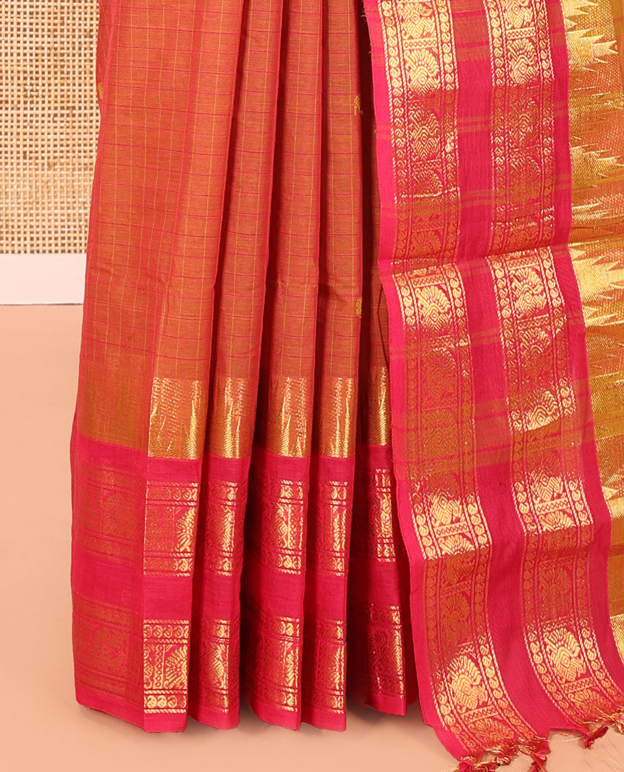 Orange Chettinad Cotton Saree, Subtly Enriched with Thread Buttas and Checks on Its Body, Complemented by a Contrast Temple Traditional Zari Design Rettai Pettu Border, Subtly Striped Pallu, and Paired with a Matching Blouse