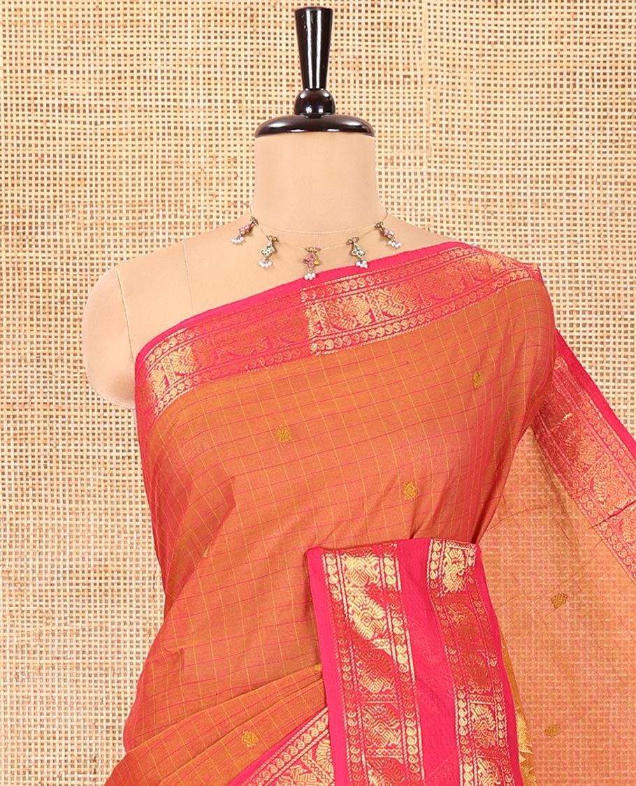 Orange Chettinad Cotton Saree, Subtly Enriched with Thread Buttas and Checks on Its Body, Complemented by a Contrast Temple Traditional Zari Design Rettai Pettu Border, Subtly Striped Pallu, and Paired with a Matching Blouse
