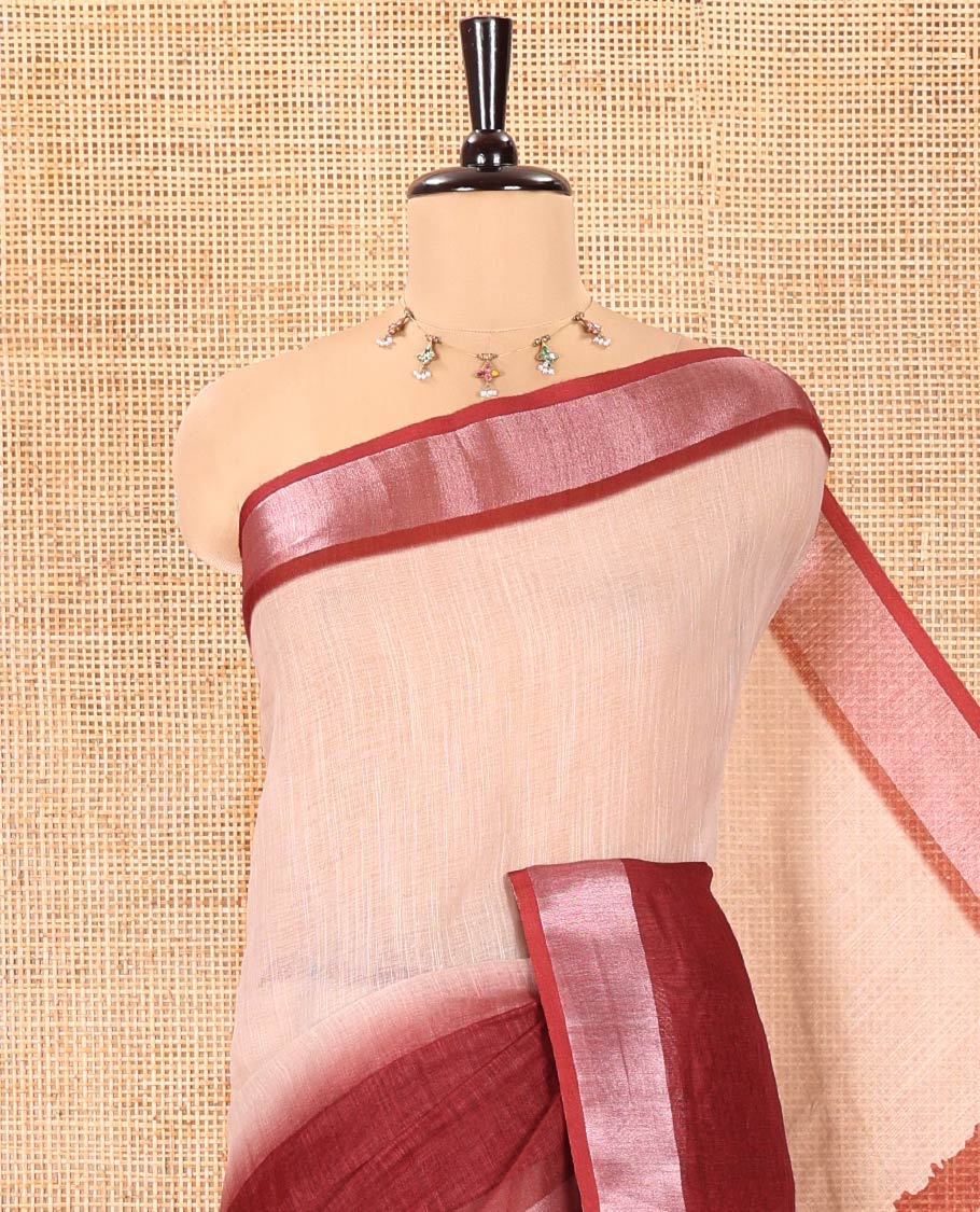 Chikku and Maroon Linen Cotton Saree, Subtly Designed with Half-And-Half-Style Dual-Color Dye on Its Body, Complemented by a Contrast Bavanji Border, Pallu of Batik Print, and Paired with a Contrast Blouse