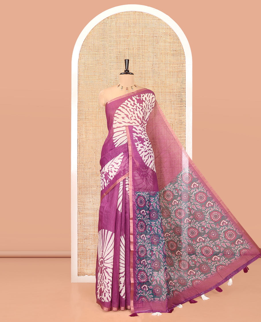 Magenta Linen Cotton Saree, Finely Crafted with Floral Motifs Printed on Its Body, Subtle Piping Border, Complemented by a Contrast Floral Printed Blouse, and Paired with a Contrast Blouse