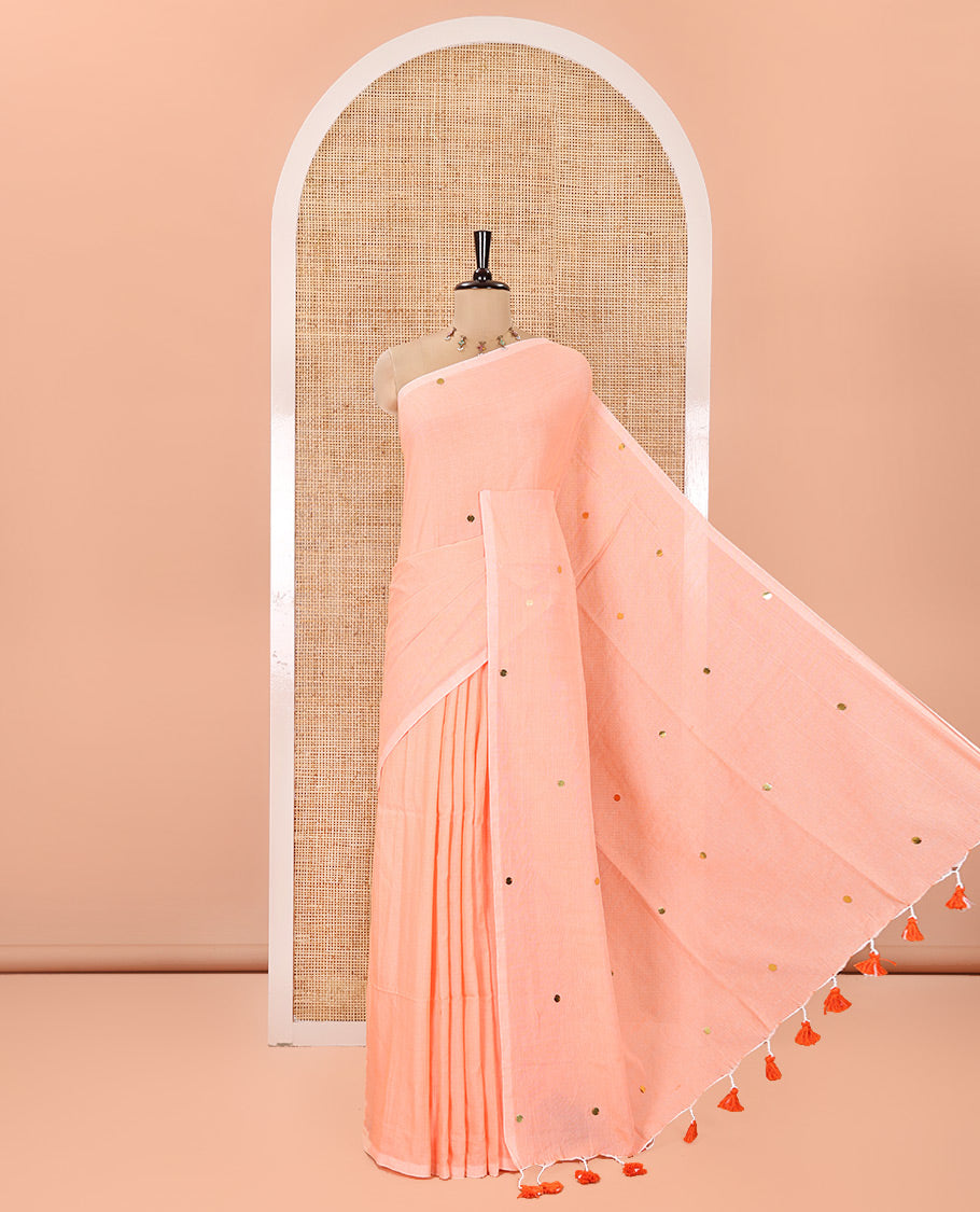 Borderless Orange Mul Cotton Saree, Subtly Sparkled With Big Sequins Work On Its Body, a Self-Pallu and Paired with a Matching Blouse