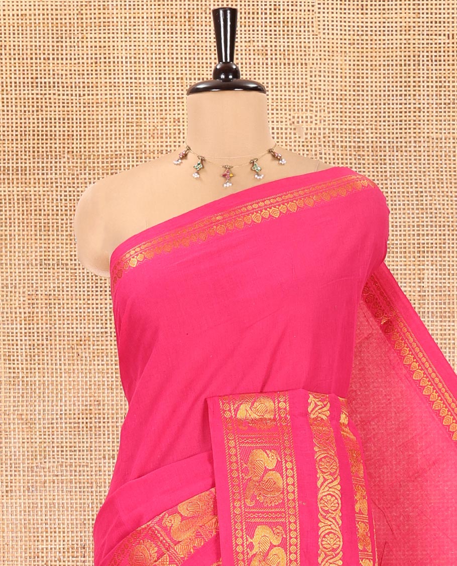 Rani PInk Plain Sungudi Cotton Saree, Highlighted by Traditional Zari Border of Peacock and Floral Creeper Designs, Subtly Striped Pallu, and Paired with a Contrast Blouse