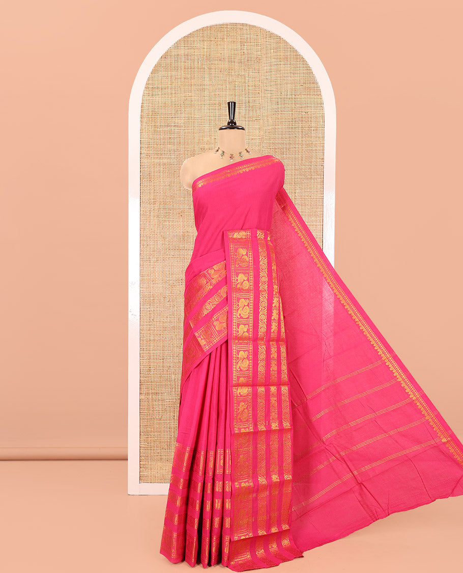 Rani PInk Plain Sungudi Cotton Saree, Highlighted by Traditional Zari Border of Peacock and Floral Creeper Designs, Subtly Striped Pallu, and Paired with a Contrast Blouse