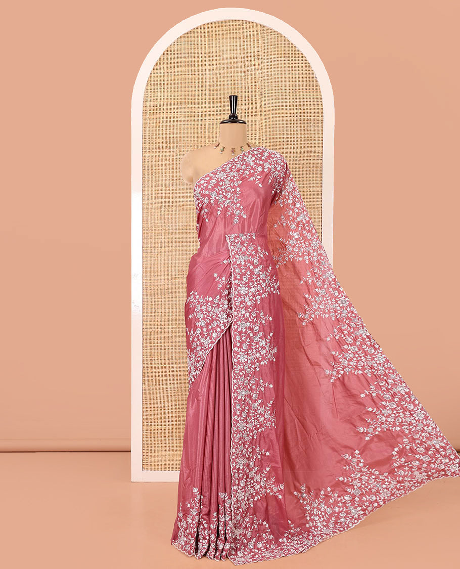 Onion Pink Plain Satin Crepe Saree, Accentuated with Floral Vine Thread Embroidery on Its Border, a Self-Pallu, and Paired with a Matching Blouse