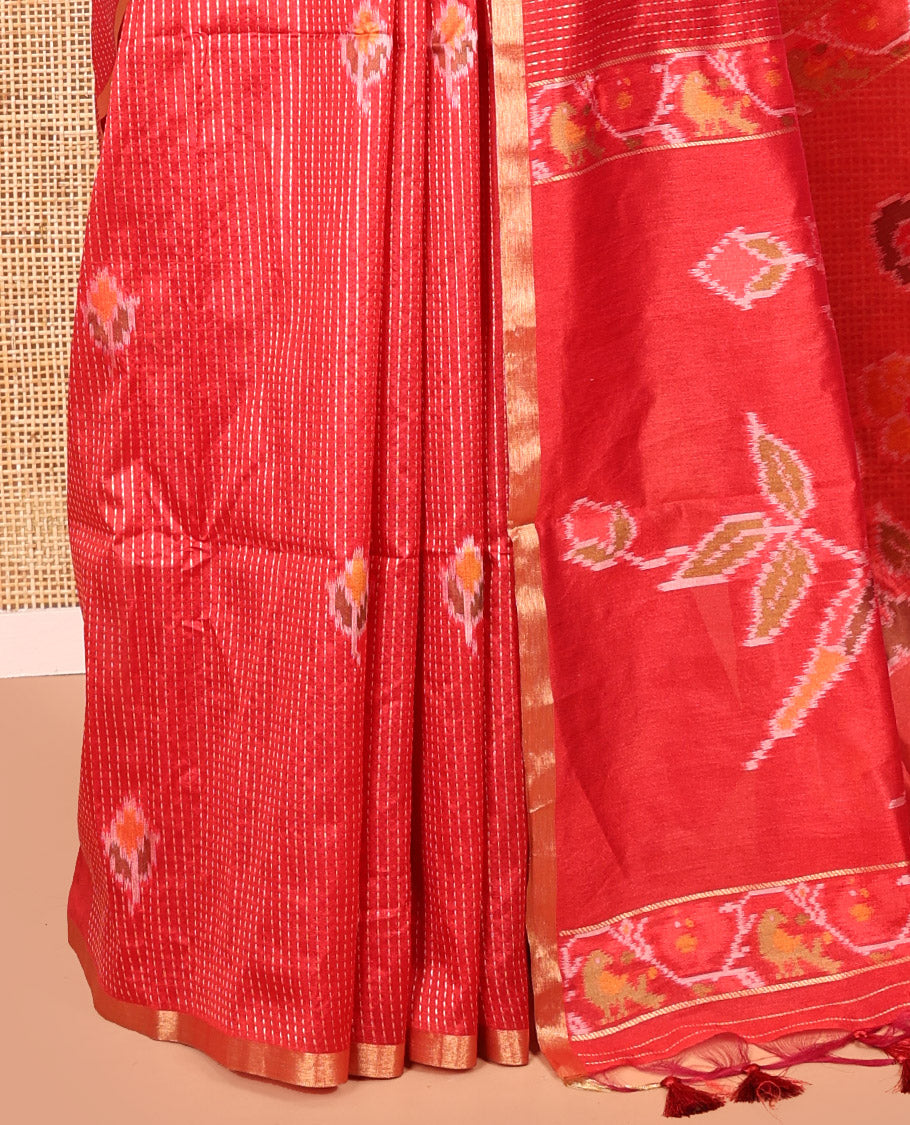 Red Art Tussar Saree, Mesmerized with Dotted-Kantha-Style Stripes and Ikkat Buttas on Its Body, a Subtle Piping Border, Pallu of Ikkat Floral and Macaw Parrot Designs, and Paired with a Matching Blouse