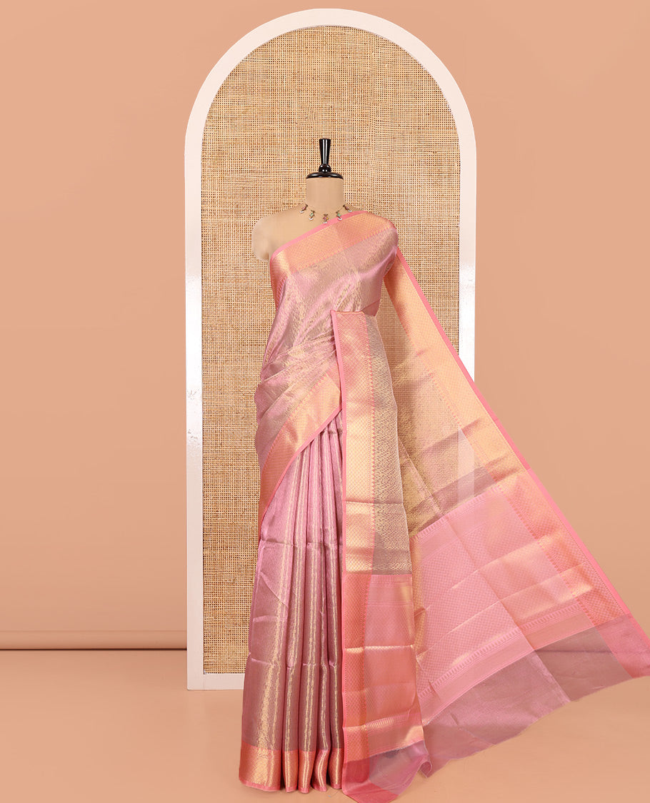 Pink Banaras Katan Silk Saree, Adorned with Brocade Design on Its Body, Complemented by a Contrast Traditional Zari Design Border, Grand Jaal Pallu, and Paired with a Contrast Blouse