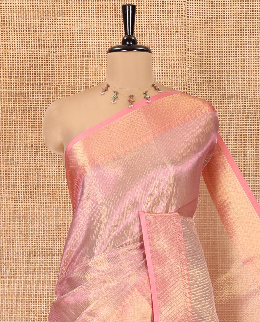 Pink Banaras Katan Silk Saree, Adorned with Brocade Design on Its Body, Complemented by a Contrast Traditional Zari Design Border, Grand Jaal Pallu, and Paired with a Contrast Blouse