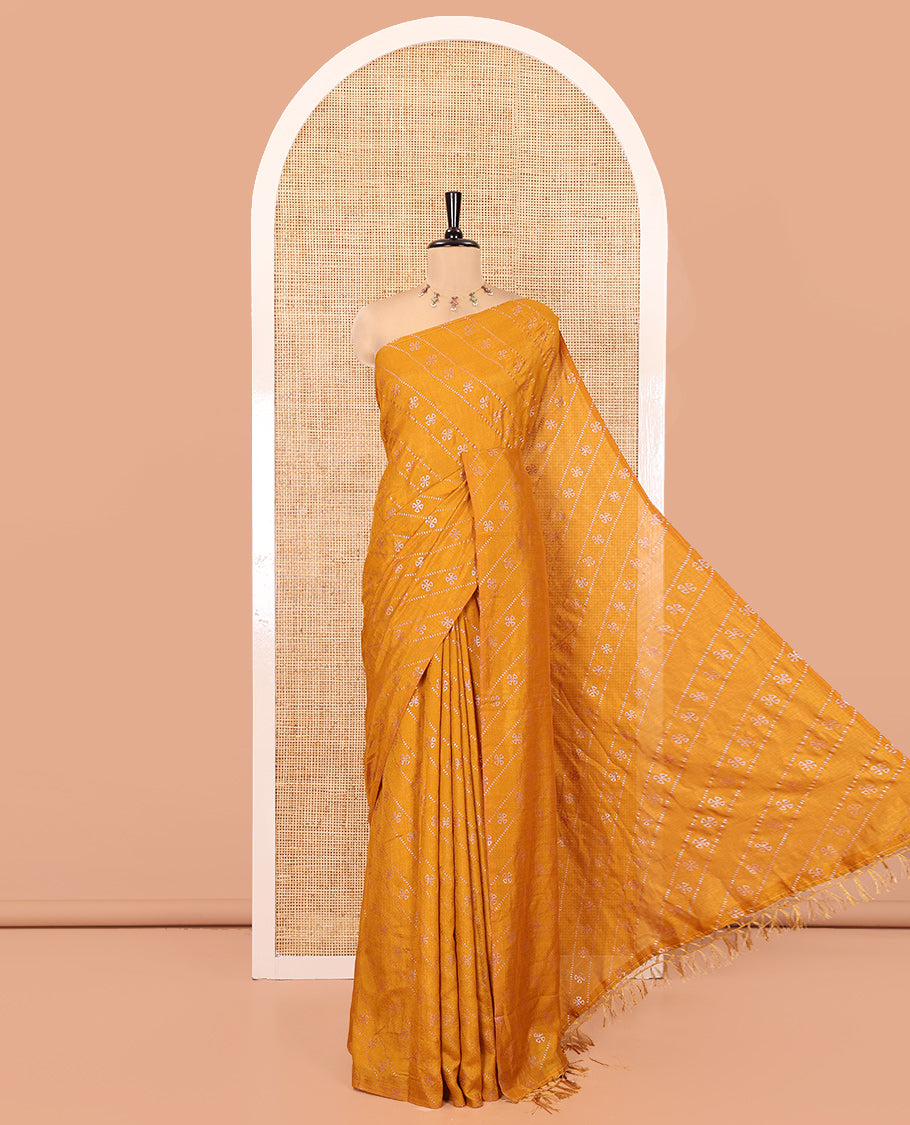 Borderless Mustard Vichitra Silk Saree, Gleamed Up with Floral Buttas and Leheriya-Style Foil Print on Its Body, a Self-Pallu, and Has No Blouse