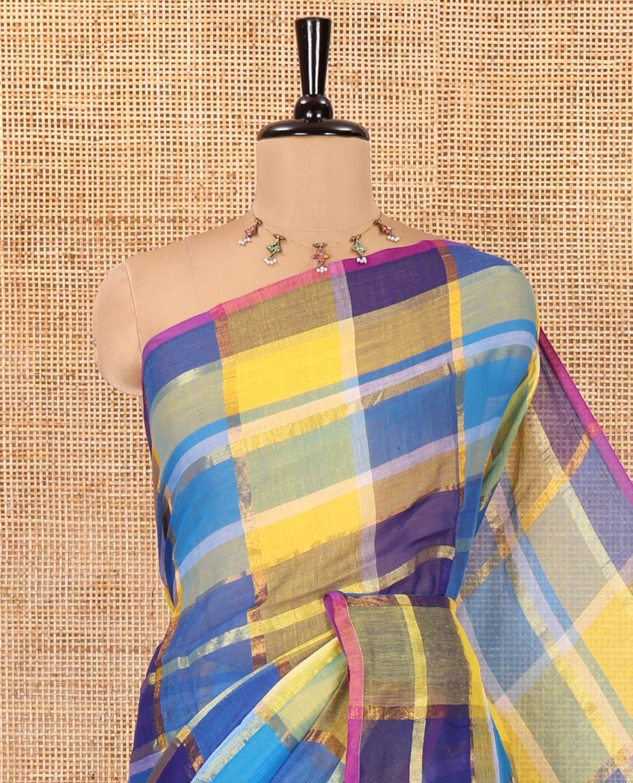 Borderless Blue Khadi Mul Cotton Saree, Showcasing Checked Block and Zari Checks, a Self-Pallu, and No Blouse