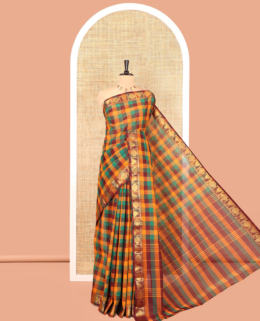 Green-Orange Chettinad Cotton Saree, Adorned with Madras Checks, a Zari Temple and Rudraksham Designs Border, and No Blouse