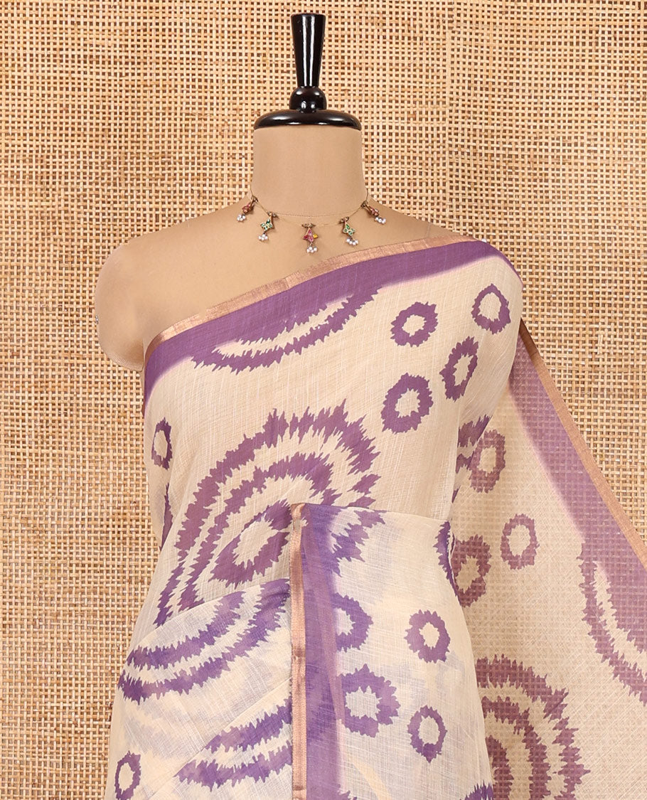 Cream-Lavender Linen Cotton Saree, Adorned with Shibori Print, Contrast Piping Border, Kalamkari Floral Vine Pallu, and a Contrast Blouse
