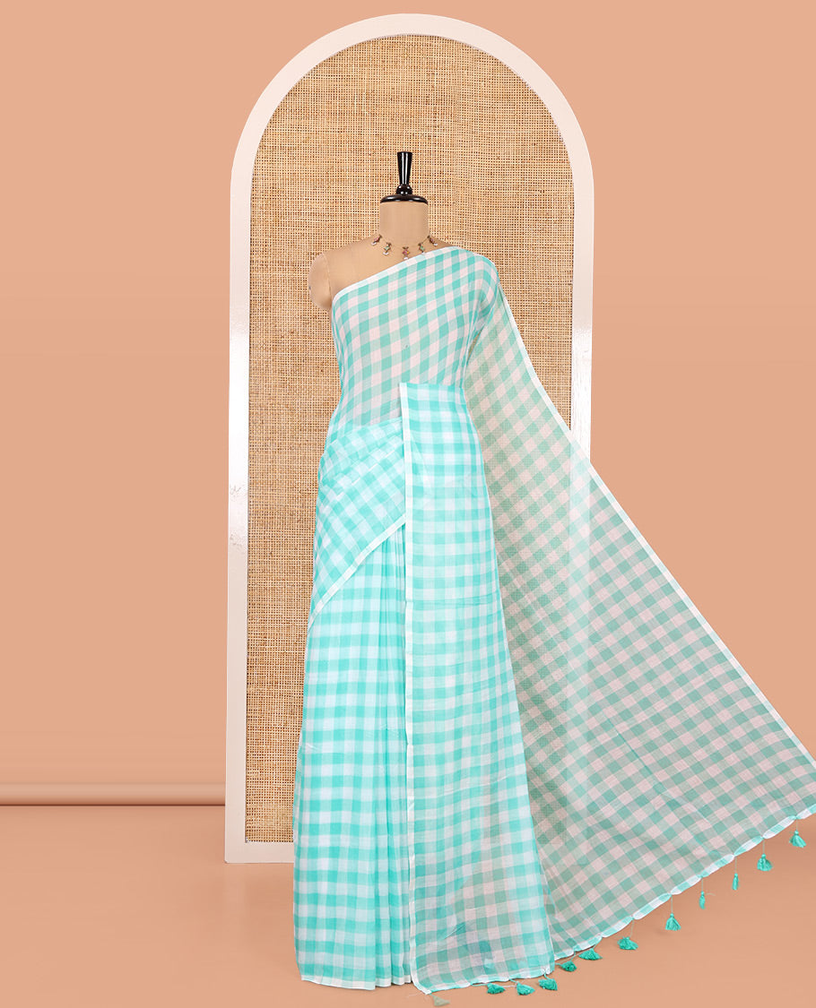Borderless Sea Green Khadi Mul Cotton Saree, Adorned with Micro-Checks and No Blouse