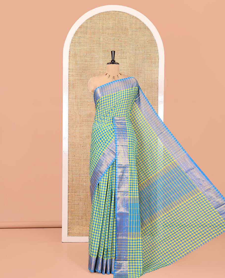 Lemon Yellow-Blue Chettinad Cotton Saree, Adorned with Vintage Checks, Contrast Traditional Border, Striped Pallu, and Matching Blouse