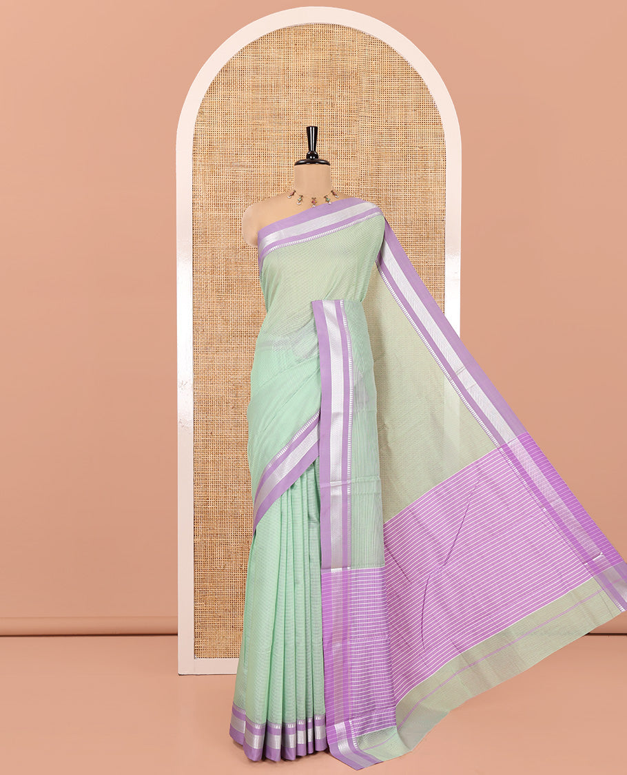 Green Mercerised Cotton Saree with Sparse Stripes, a Contrast Temple Border, Striped Pallu, and a Matching Blouse