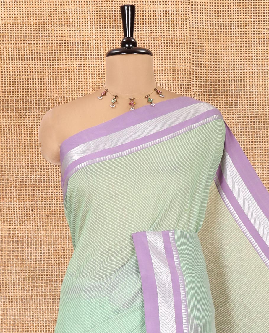 Green Mercerised Cotton Saree with Sparse Stripes, a Contrast Temple Border, Striped Pallu, and a Matching Blouse