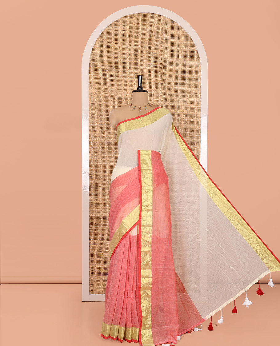 Off-White-Red Plain Khadi Mul Cotton Saree, a Bavanji Border, a Self-Pallu, and a No Blouse