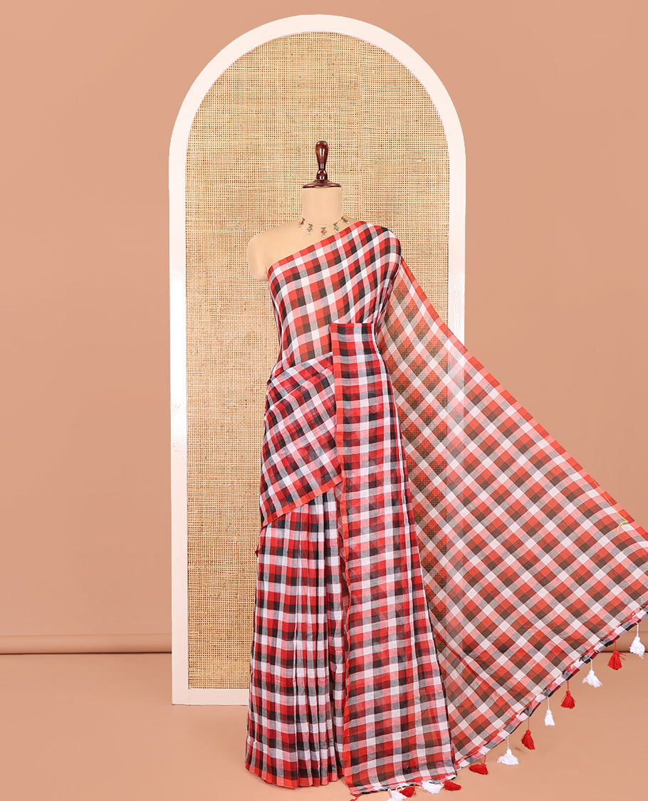 Borderless White-Black Khadi Mul Cotton Saree, Adorned with Madras Checks, Comes without Blouse
