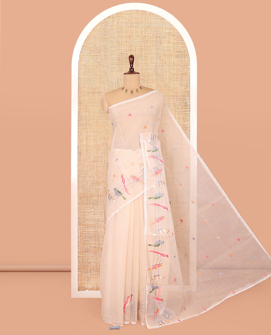 Chikku Kota Doria Saree Features Thread-Embroidered Bird Motifs, a Lace Border, and a Matching Blouse