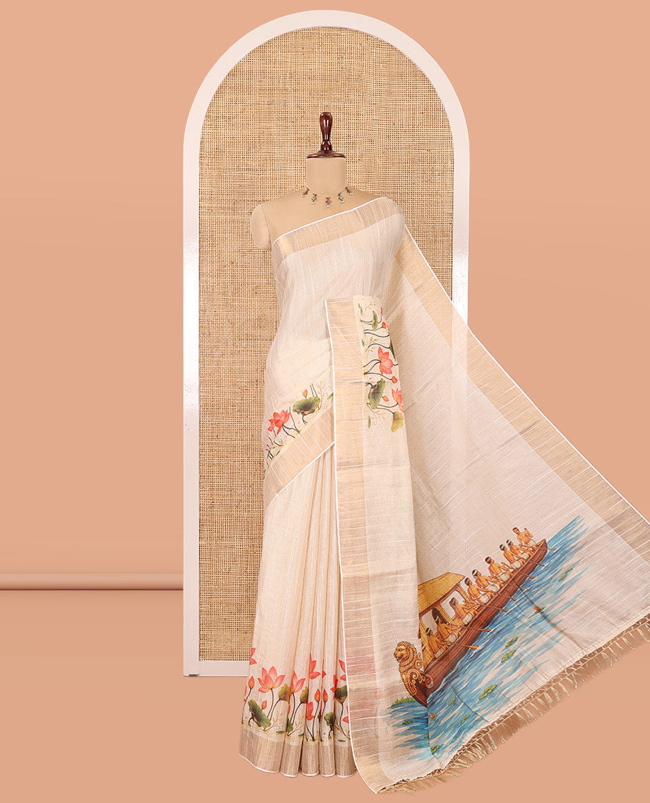 Cream Kerala Cotton Saree, Elevated with Pichwai Lotus Print, a Zari Border, Pallu of Vallamkali Print, and a Matching Blouse