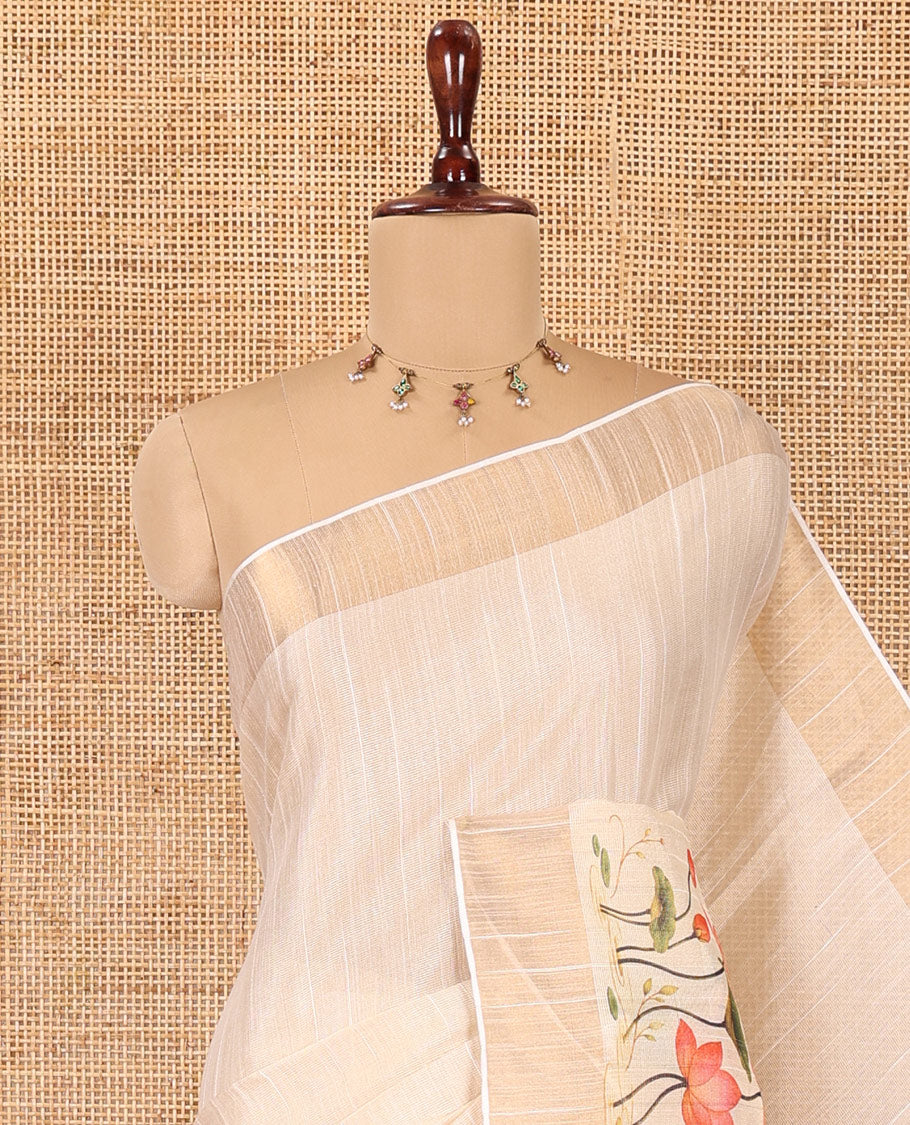 Cream Kerala Cotton Saree, Elevated with Pichwai Lotus Print, a Zari Border, Pallu of Vallamkali Print, and a Matching Blouse