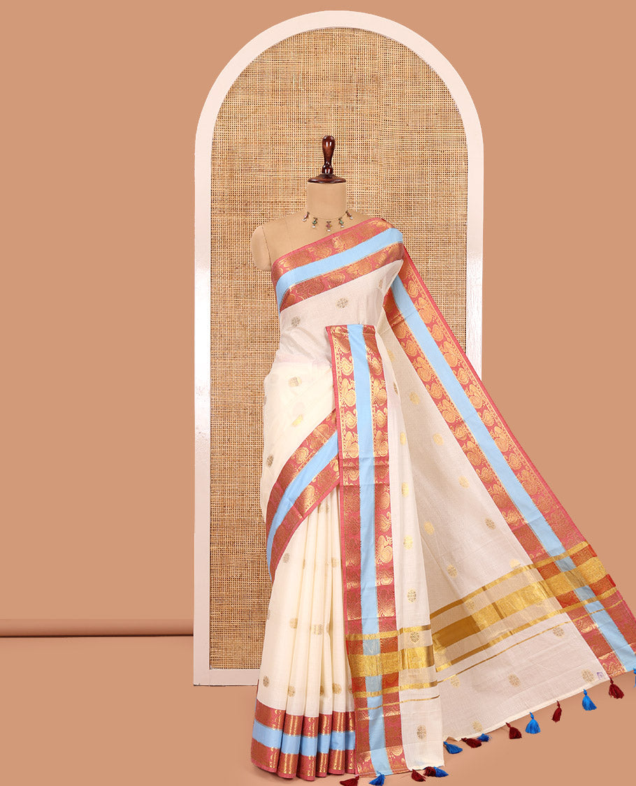 Cream Kerala Cotton Saree, Bedecked with Zari Buttas, Contrast Peacock-Paisley Border, a Matching Blouse