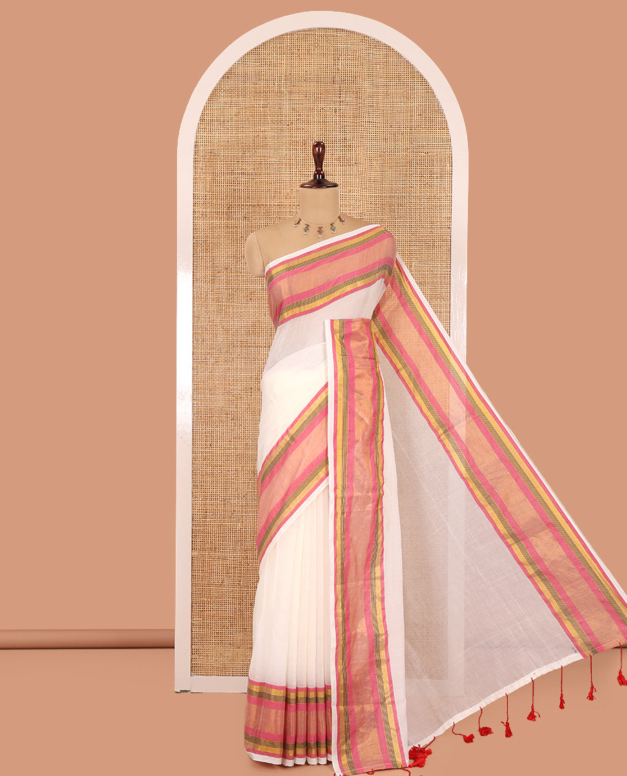 Cream Plain Khadi Mul Cotton Saree, Complemented by a Contrast Pink Border, a Self-Pallu, and a Matching Blouse