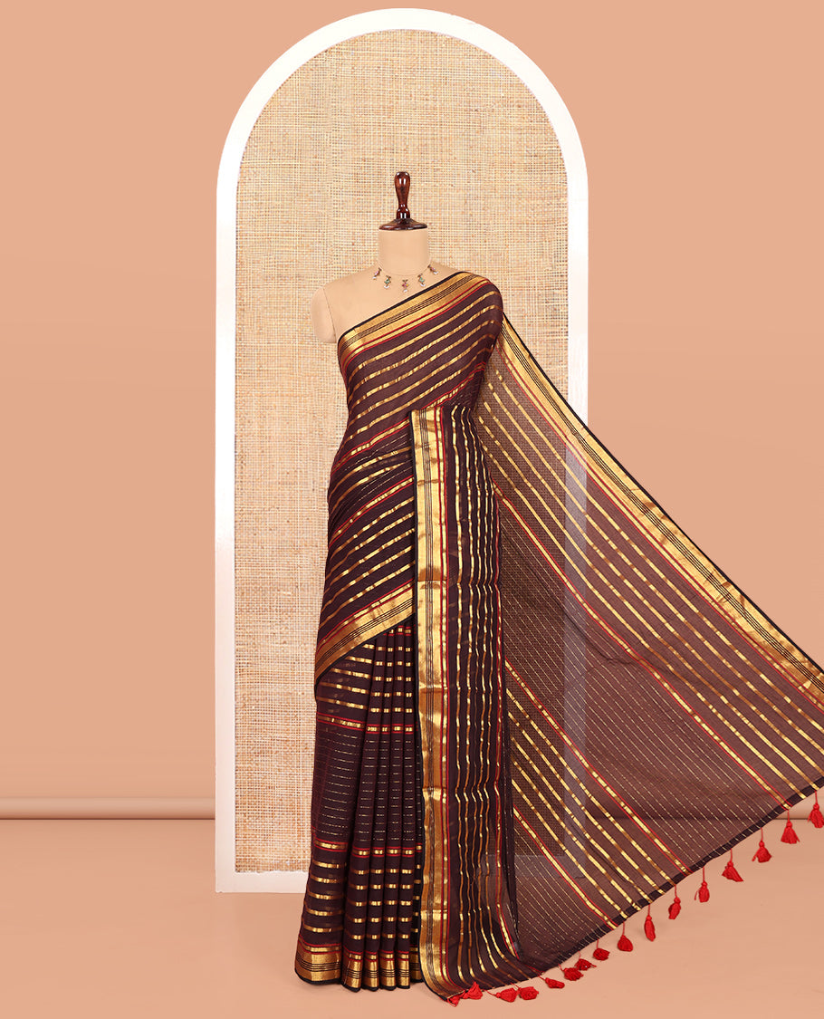 Brown Khadi Mul Cotton Saree, Adorned with Horizontal Gold Zari Stripes, a Zari Border, Self-Pallu, and No Blouse