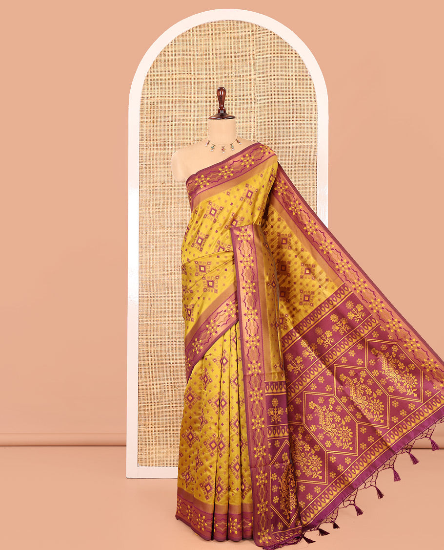 Mustard Elite Soft Silk Saree, Adorned with Pochampally-Style Ikat Thread Weave, Contrast Chakra Border, Floral Pallu, and a Contrast Blouse