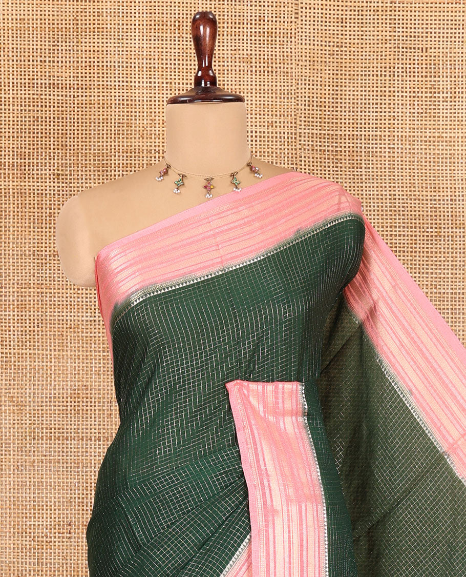 Green Zari Checked Art Crepe Saree, Contrast Horizontal Striped Border, Zari Striped Pallu, and a Contrast Blouse